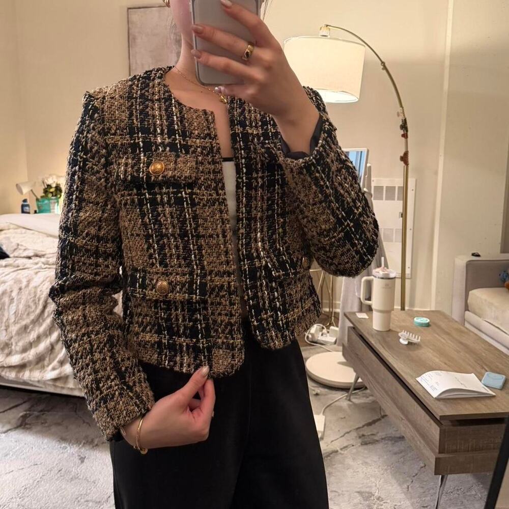 Brown black plaid tweed jacket